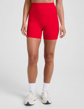 red high-waisted 5" inseam biker shorts with pockets.